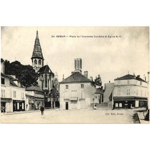 SEMUR-Place de l'Ancienne Comédie et Église N.D. Semur-en-Auxois France Postcard